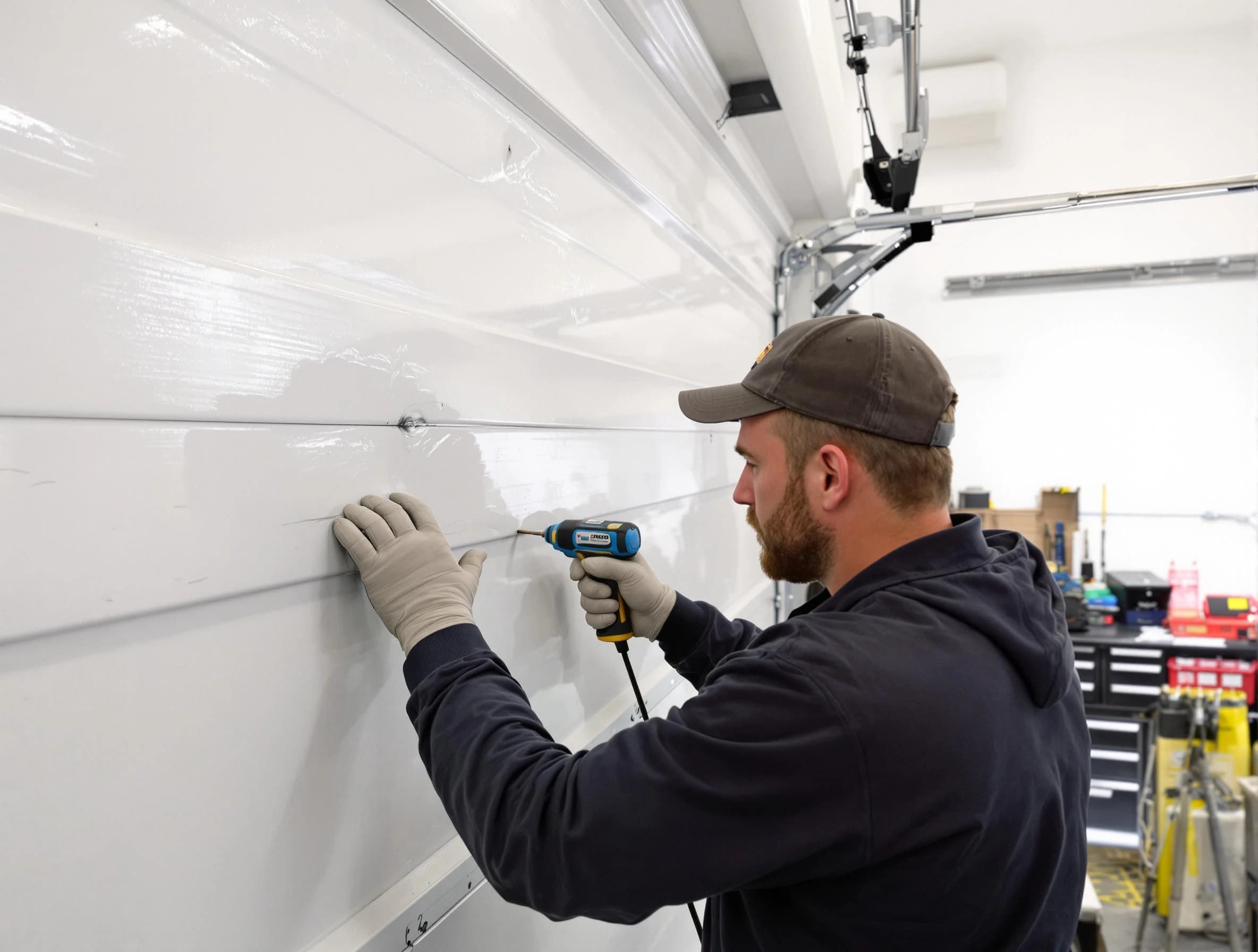Chester Garage Door Repair technician demonstrating precision dent removal techniques on a Chester garage door